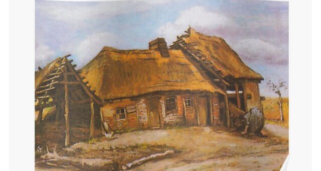 "Bauernhaus mit gebückter Bäuerin in blauem Kleid" von Vincent van Gogh. Quelle: Screenshot Youtube