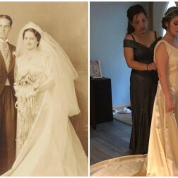 Braut zog ein fast 100 Jahre altes Hochzeitskleid an. Quelle: Screenshot Youtube